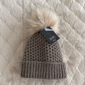 Ba-Bo Taupe Knitted Beanie with Faux Fur Pom Pom on Top - One Size